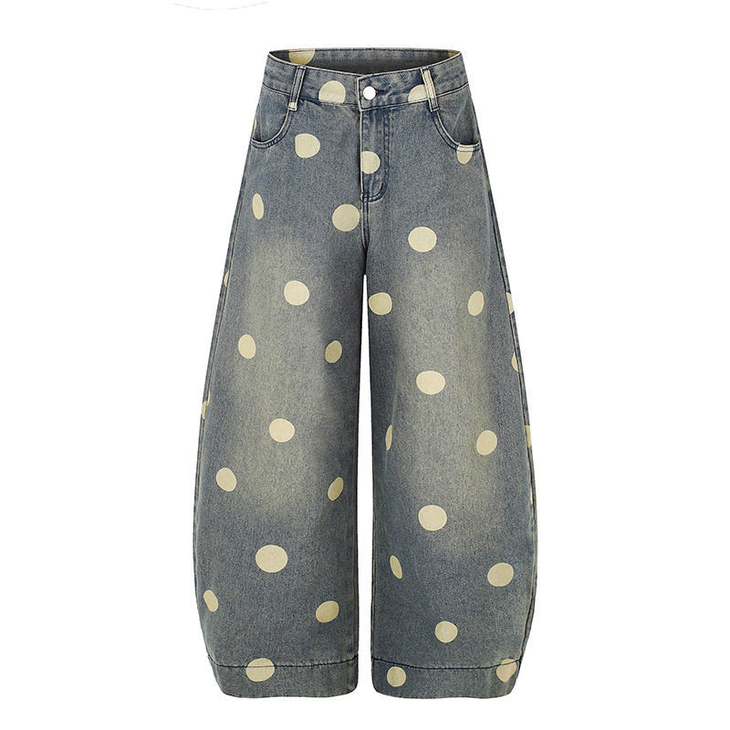 Damen Weite Jeans-Culotte im Palazzo-Stil mit hohem Bund und Punktmuster Echoarchiv