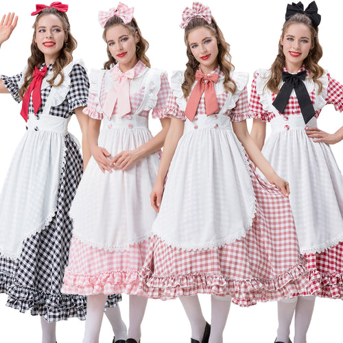 Damen nan Vintage-inspiriertes Karo-Swingkleid mit abnehmbarer Schürze, Rüschenärmeln und Schleifenkragen Echo Archiv