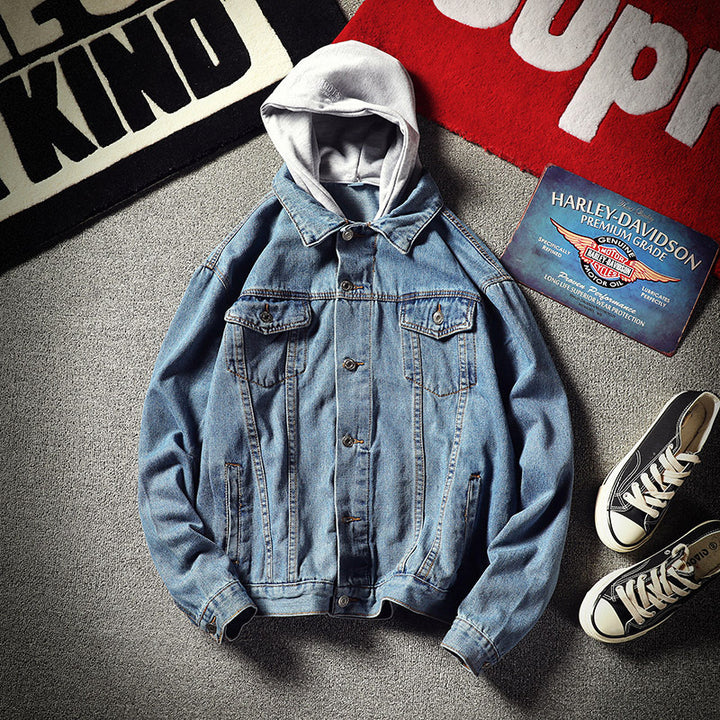 Herren Lässige Denimjacke mit integrierter Kapuze Echoarchiv