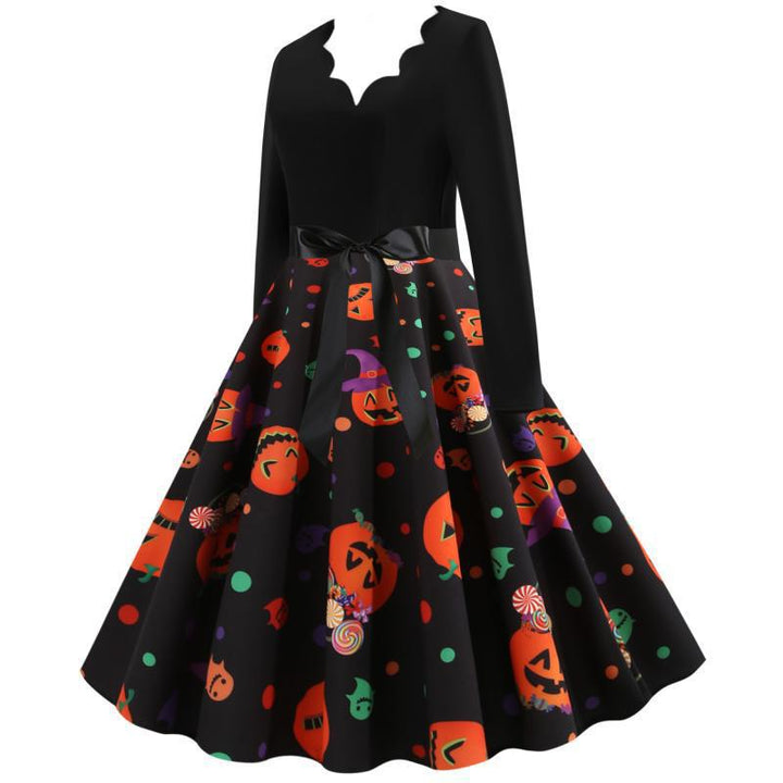 Damen Retro-Festliches Halloween-Kleid mit gewelltem Ausschnitt, taillierter Schnitt und weichem Tellerrock – Élara