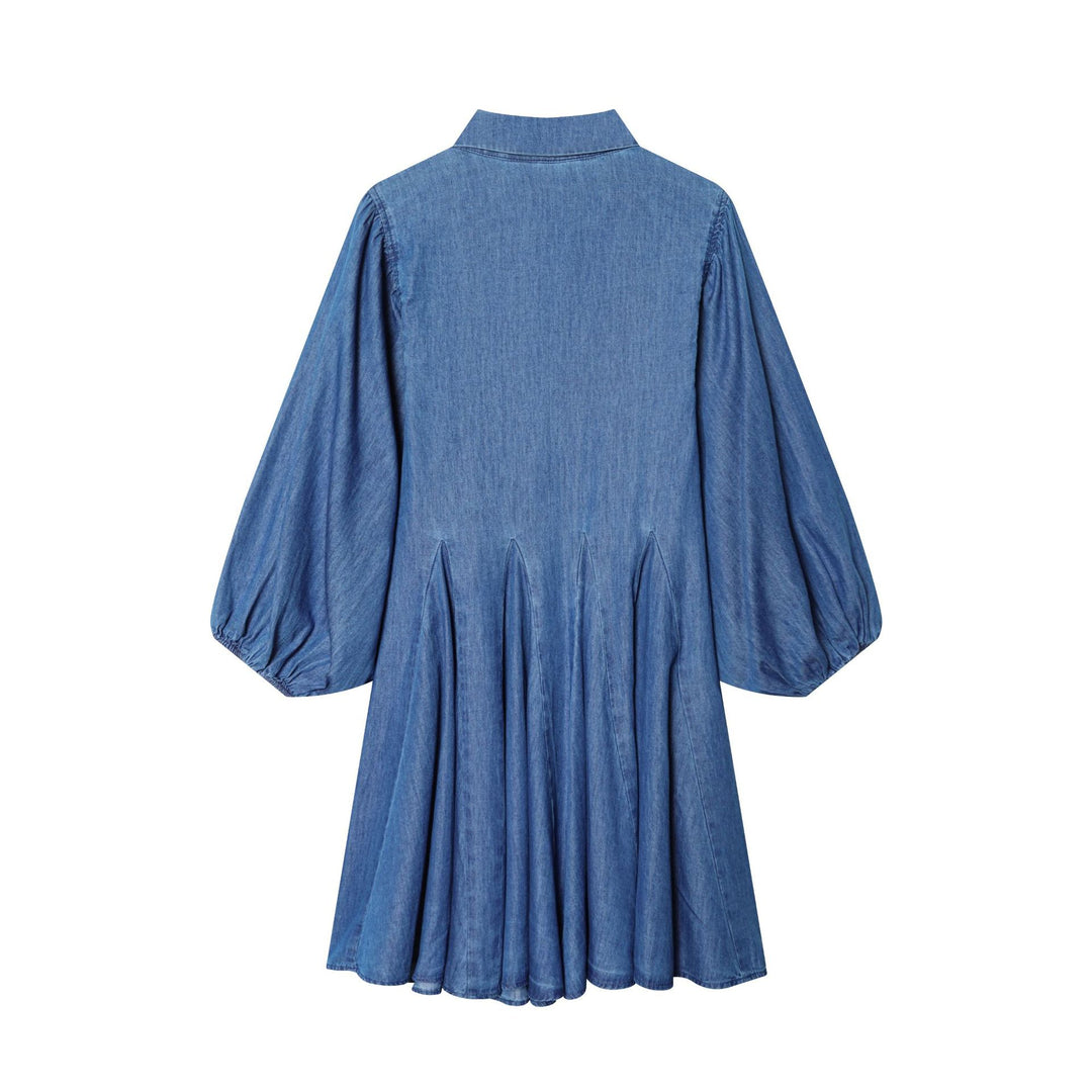 Damen weites Hemdkleid im Chambray‑Look mit Ballonärmeln und Taillenfalten – Lunéa