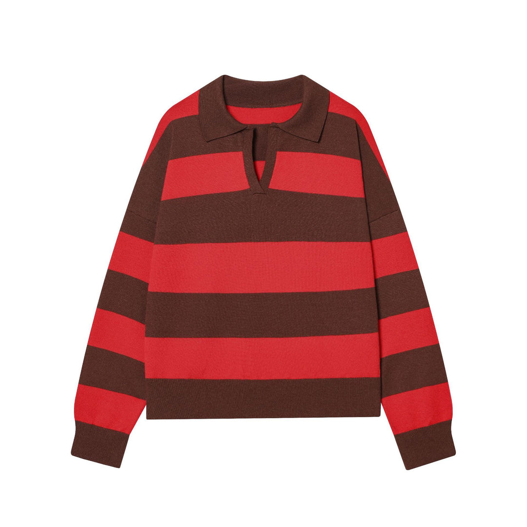 Damen nan gestreifter Rugby-Pullover mit Polokragen und tiefem V-Schlitz Echo Archiv