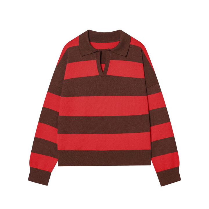 Damen nan gestreifter Rugby-Pullover mit Polokragen und tiefem V-Schlitz Echo Archiv