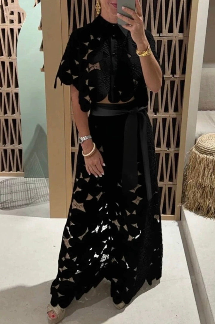 Damen nan zweiteiliges Spitzenensemble mit bauchfreier Bluse und weiter Palazzohose Echo Archiv