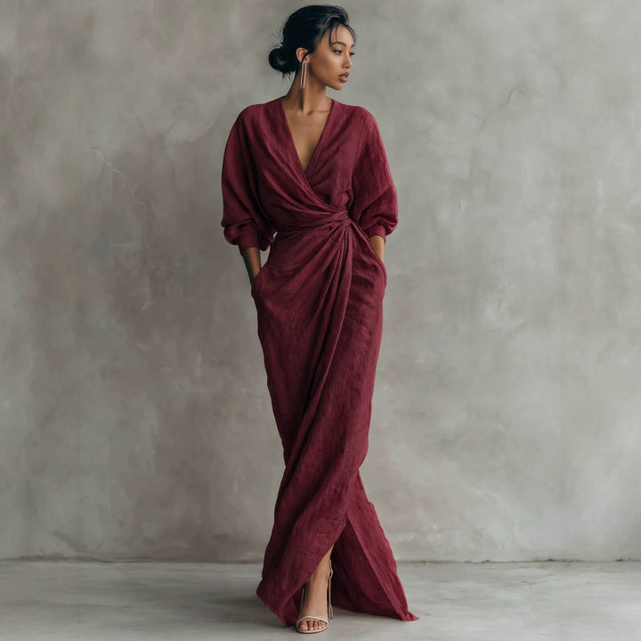 Damen Wickel-Maxikleid aus Leinenmix mit tiefem V-Ausschnitt und Ballonärmeln Echoarchiv