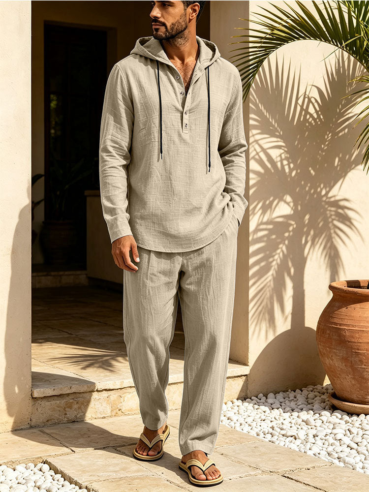 Herren Lässiges Leinen-Look Freizeit-Set mit Kapuzenhemd und weiten Hosen Echoarchiv