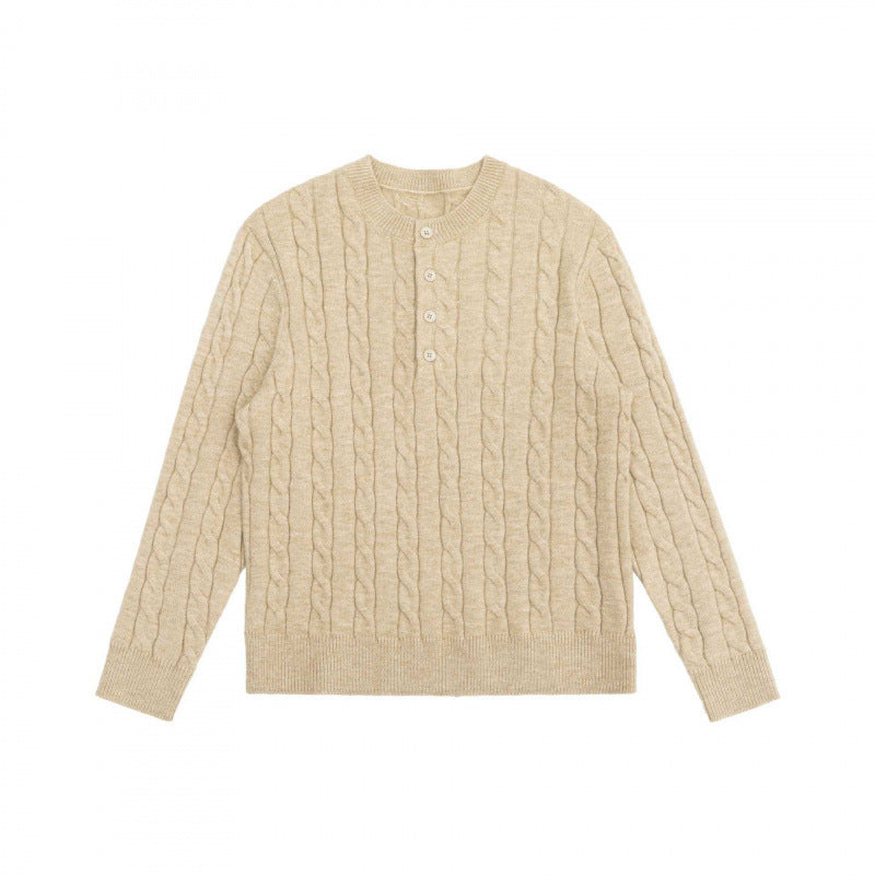 Unisex Grobgestrickter Henley-Pullover mit Zopfmuster und halber Knopfleiste Echo Archiv