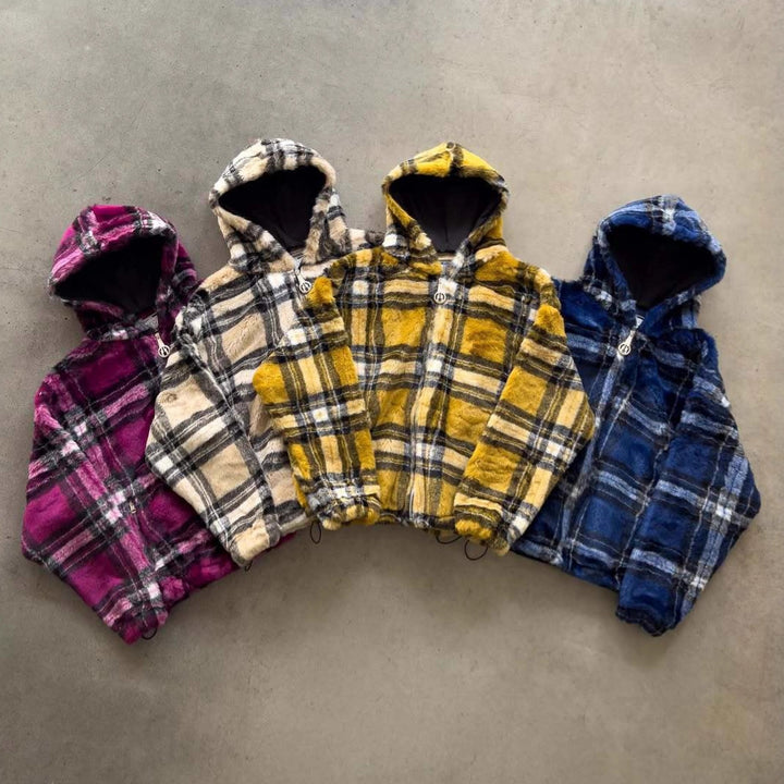Unisex nan gefütterte Plaid-Fleece-Bomberjacke mit Kapuze Kordelzug und Reißverschlusstaschen Echo Archiv