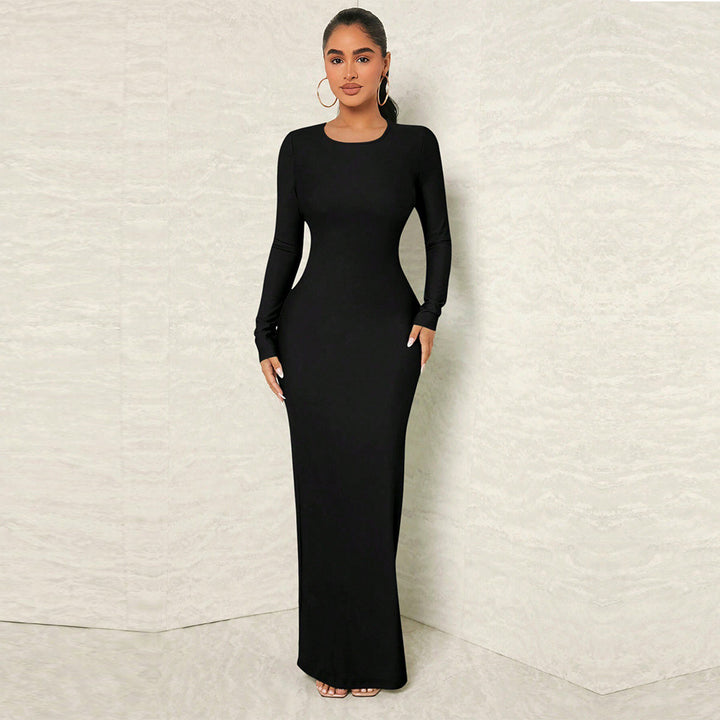 Damen figurnahes Maxikleid mit Rundhalsausschnitt, langem Arm und sculptender Taillenform – Valéora