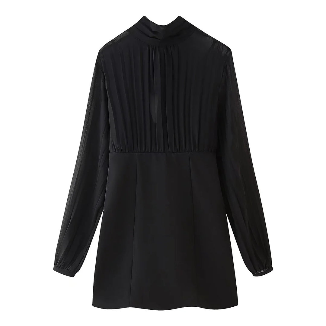 Damen Chiffon-Minikleid mit Schleifenkragen, plissierten Langärmeln und tailliertem Rock – Élara