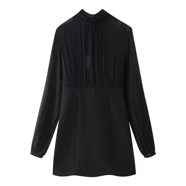 Damen Chiffon-Minikleid mit Schleifenkragen, plissierten Langärmeln und tailliertem Rock – Élara