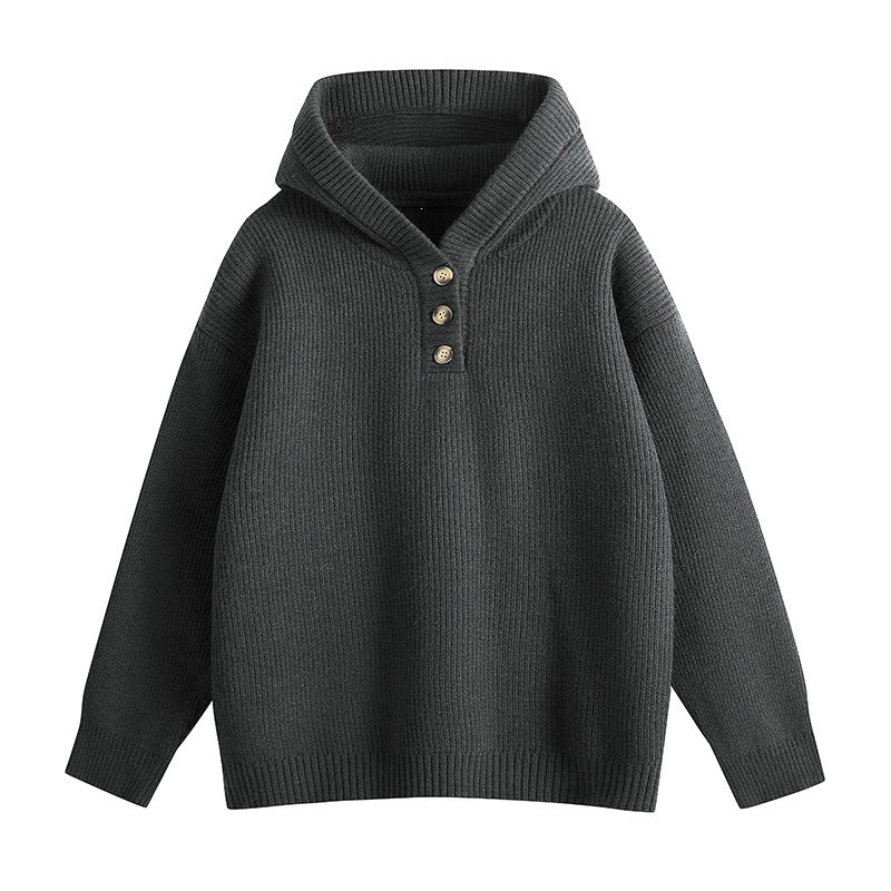 Damen Relaxed Kapuzenpullover aus geripptem Strick mit Halbsteg-Knopfleiste Echoarchiv