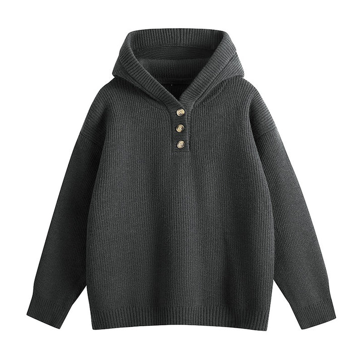 Damen Relaxed Kapuzenpullover aus geripptem Strick mit Halbsteg-Knopfleiste Echoarchiv