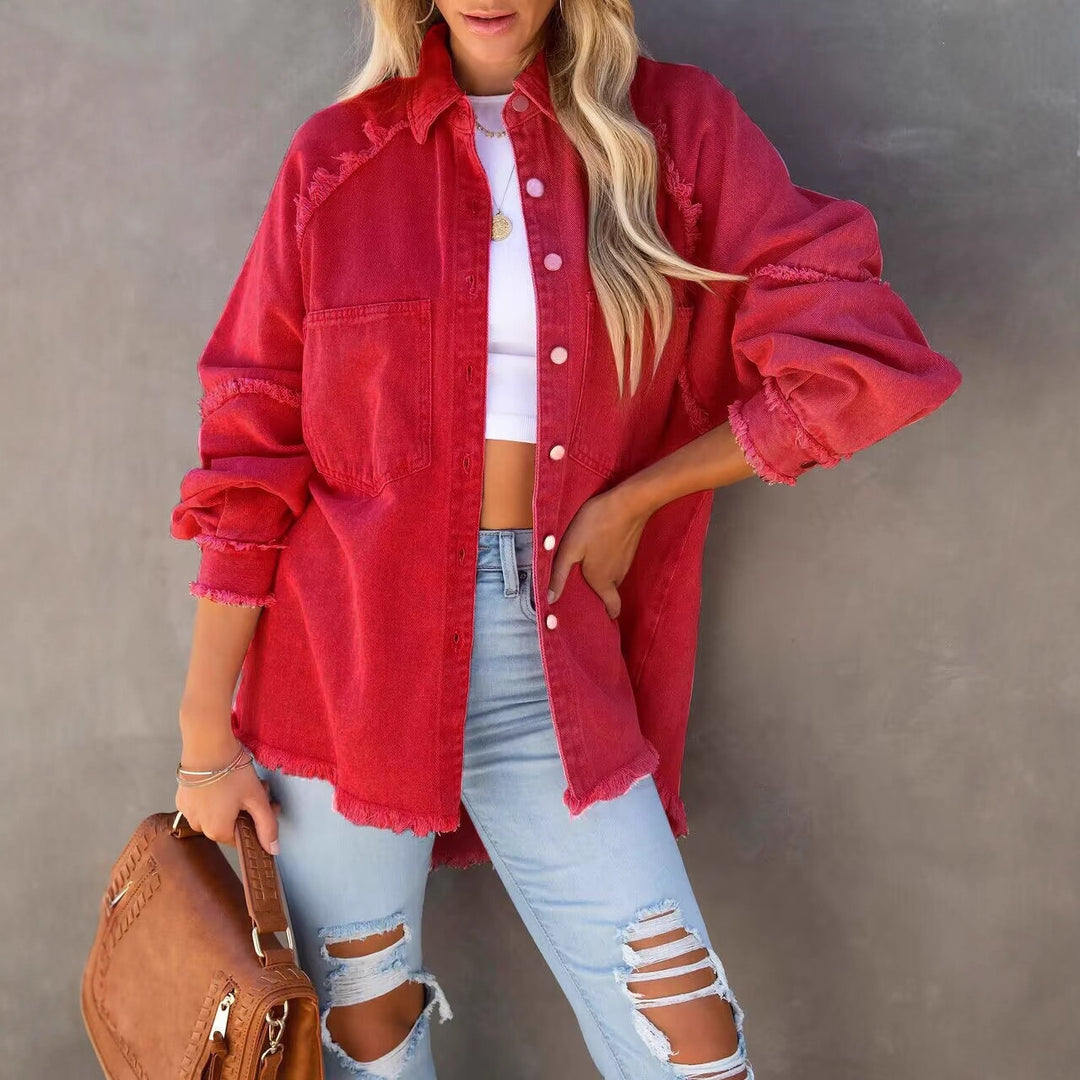 Damen nan oversized Hemdjacke im Used‑Look mit ausgefransten Kanten und aufgesetzten Pattentaschen Echo Archiv