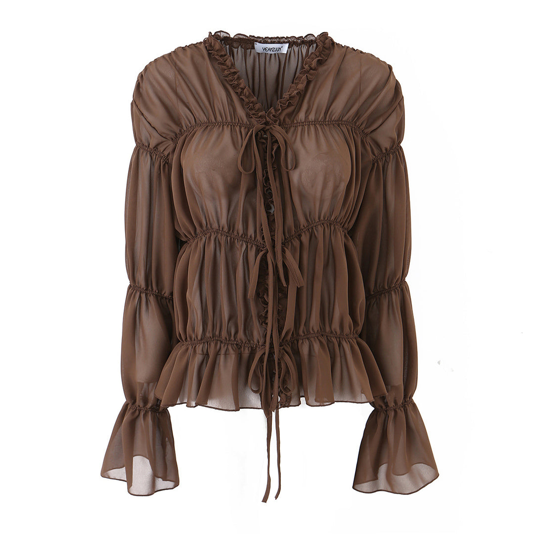 Damen Chiffon-Bluse mit Rüschen, Kordelzug und geraffter Taillenoptik Echoarchiv