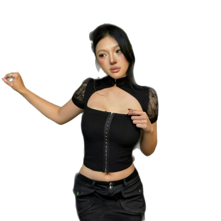 Damen stilvolles Oberteil mit transparenten Spitzeneinsätzen und elegantem Kragen Echo Archiv