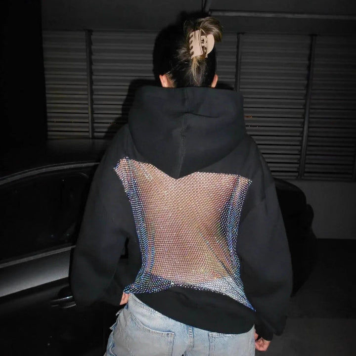 Damen Hoodie mit glitzerndem Mesh-Rückenapplikation – Auréline