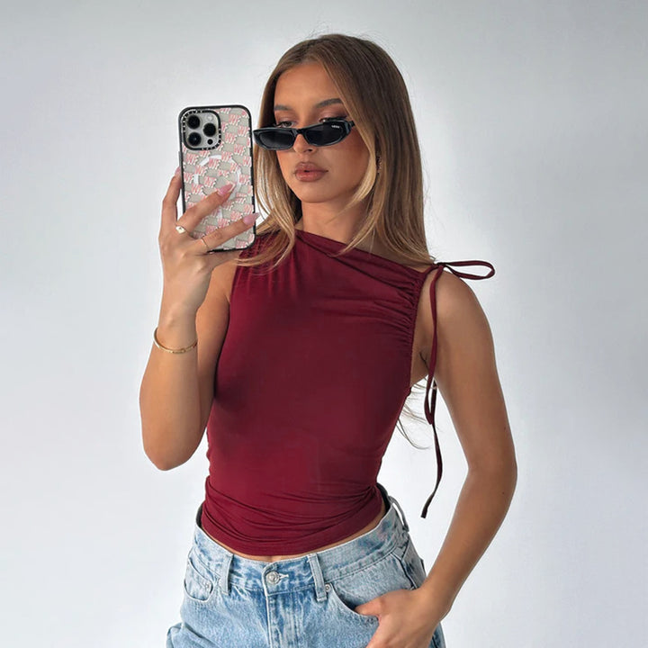 Damen asymmetrisches Top mit Rüschendetails und einseitigen Knoten Echo Archiv