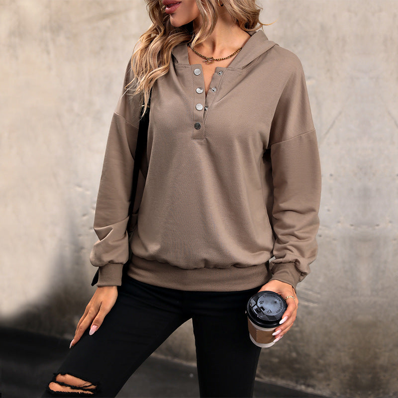 Damen Lässiges Kapuzen-Henley-Sweatshirt mit Druckknopfleiste und Gummizug-Saum Echoarchiv