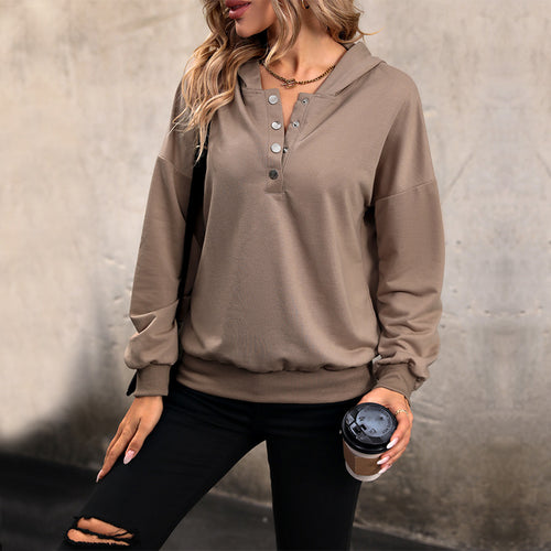 Damen Lässiges Kapuzen-Henley-Sweatshirt mit Druckknopfleiste und Gummizug-Saum Echoarchiv