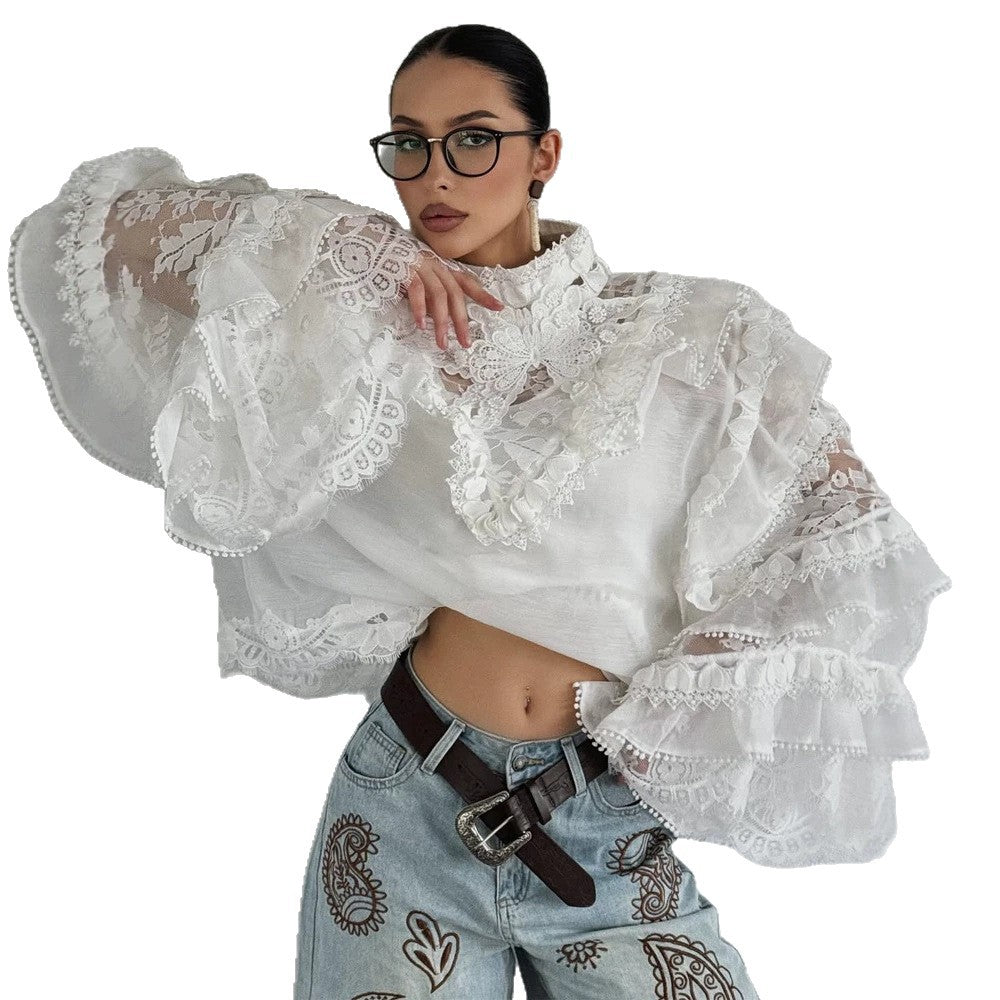 Damen Transparente Spitzenbluse mit Volant-Ärmeln und hohem Stehkragen Echoarchiv