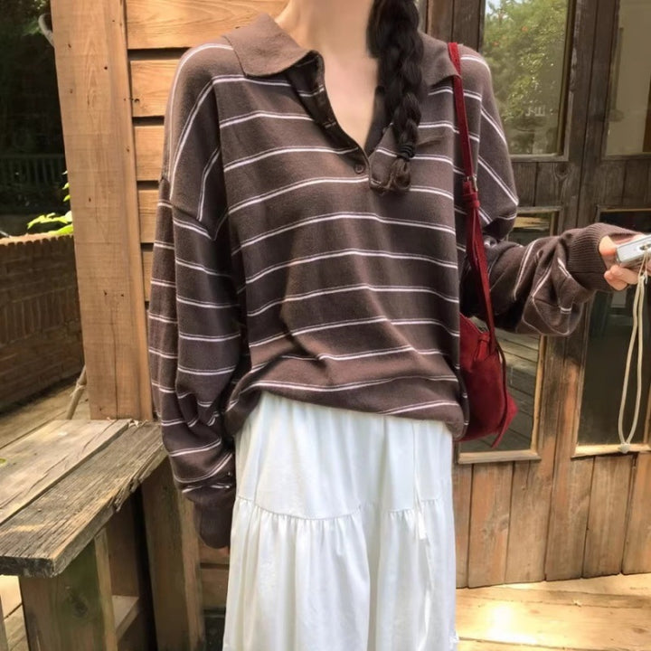 Damen Oversize-Polokragen-Strickpullover mit Streifen und halber Knopfleiste Echoarchiv