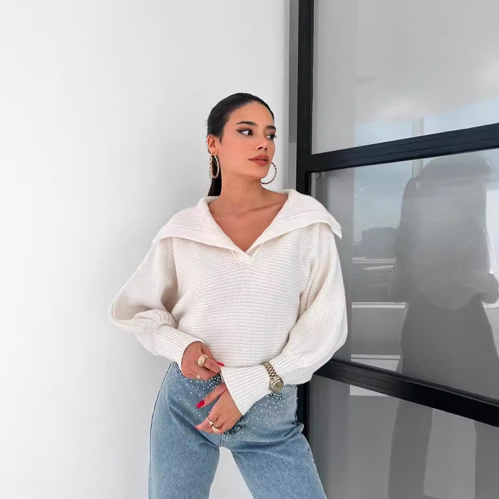 Damen Oversize Rippsweater mit Reverskragen und tiefem V‑Ausschnitt Echoarchiv