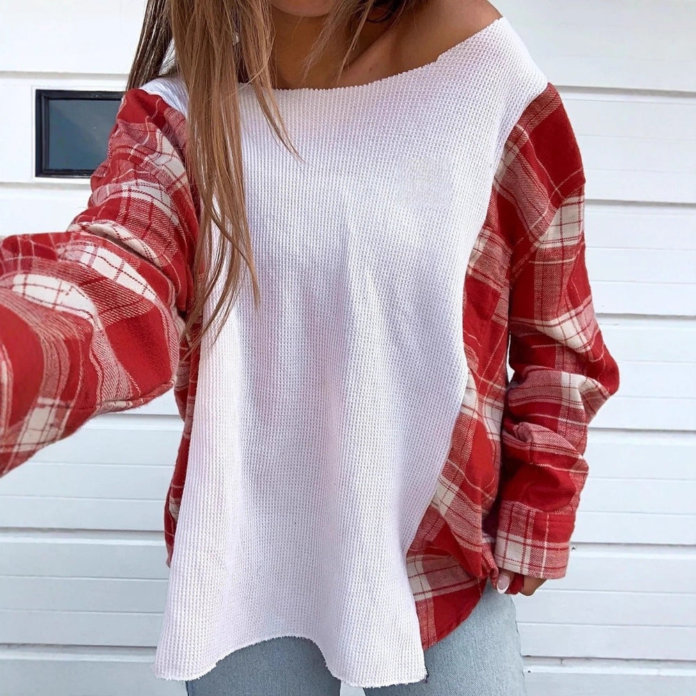 Damen nan Oversize Langarmshirt im Materialmix mit strukturierter Waffelstrick-Front und karierter Ärmelpartie Echo Archiv