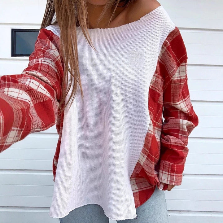 Damen nan Oversize Langarmshirt im Materialmix mit strukturierter Waffelstrick-Front und karierter Ärmelpartie Echo Archiv