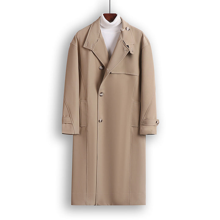 Herren Langgeschnittener Minimalistischer Trenchcoat mit Schalkragen und verstellbaren Ärmelriemen Echoarchiv