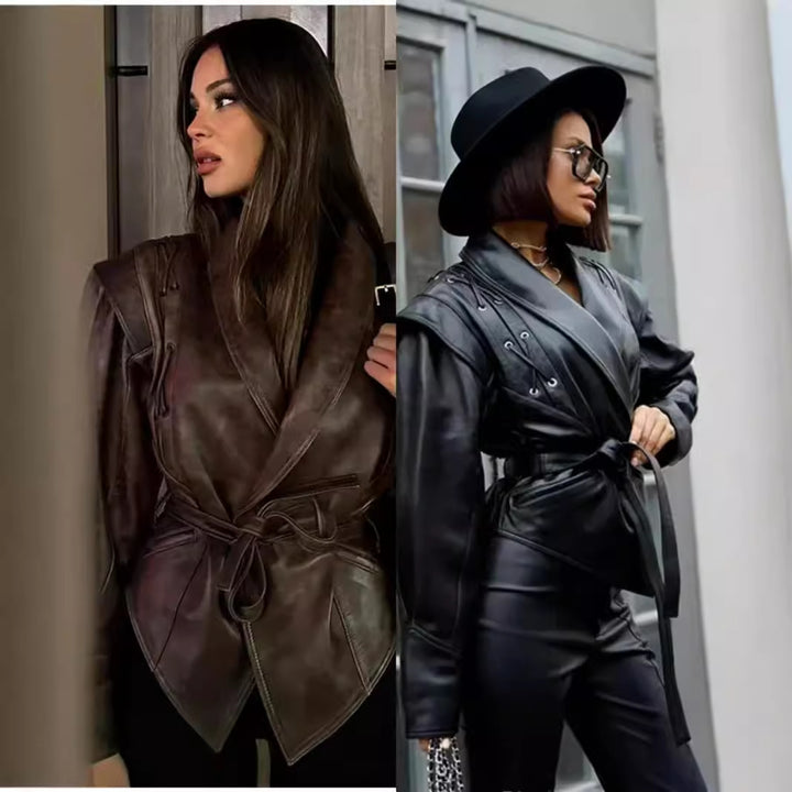 Damen taillierte Bindegürtel-Kunstlederjacke mit Schalkragen und Schnürdetails – Célinea