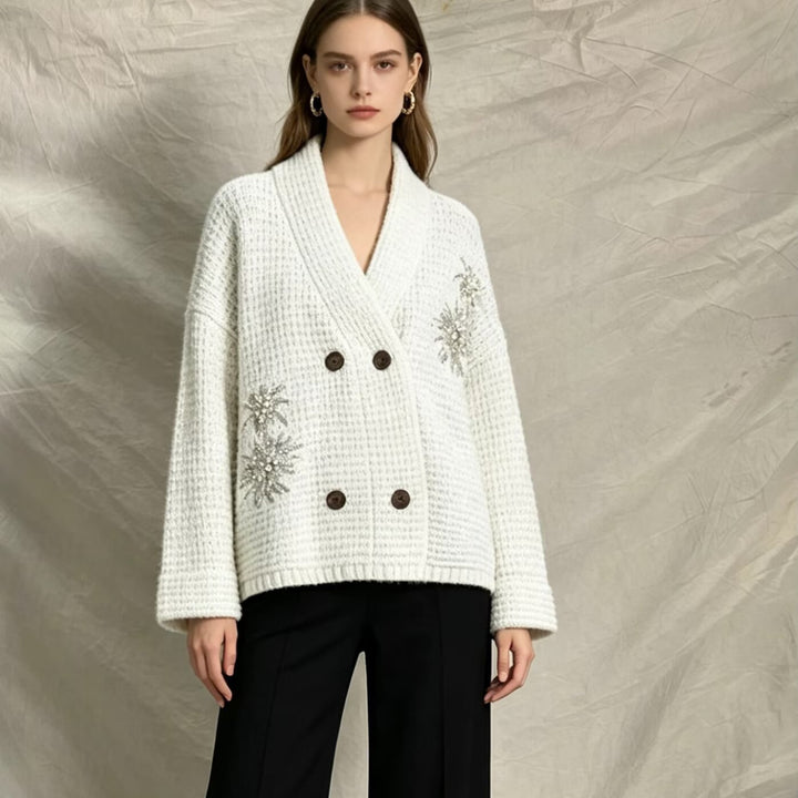 Damen Waffel-Strick-Cardigan mit doppelreihiger Knopfleiste und Schmuckapplikation Echoarchiv