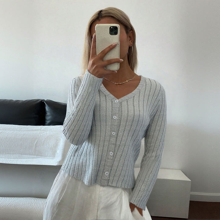 Damen gerippter taillierter V‑Ausschnitt Knopfcardigan Feinstrick – Veloura