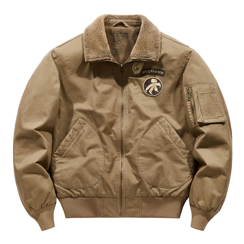Men's shearling-collar aviator bomber jacket with utility sleeve pocket – Brevano