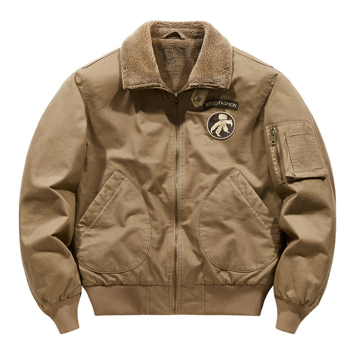 Men's shearling-collar aviator bomber jacket with utility sleeve pocket – Brevano