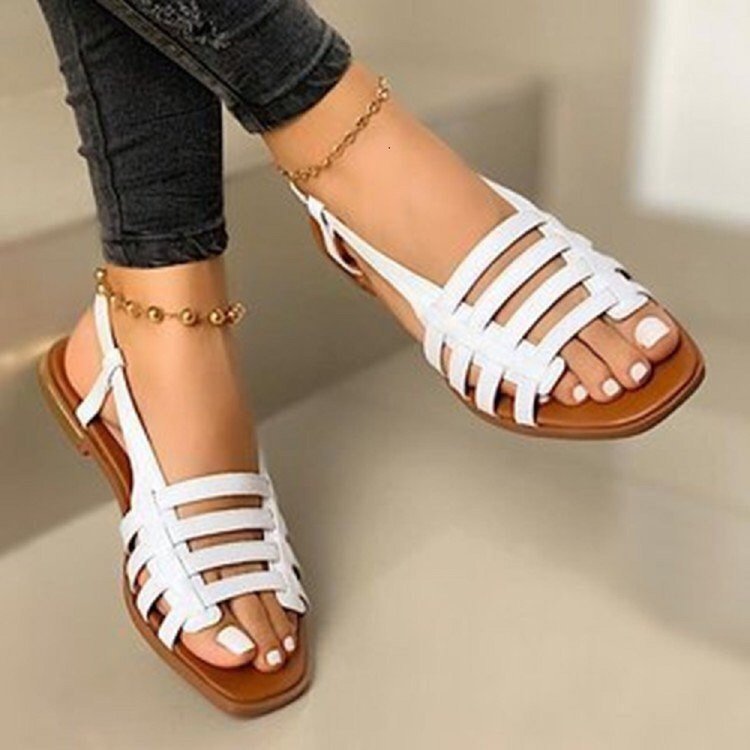 Damen Geflochtene Riemen-Sandalen mit flacher Laufsohle und offenem Zehenbereich – Sorelia