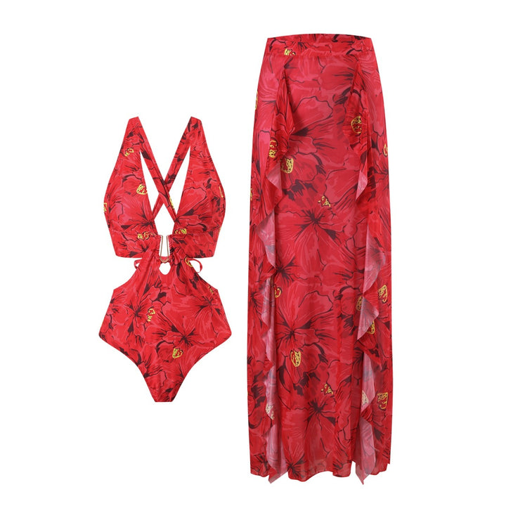 Damen Badeanzug mit floralen Akzenten und passendem Wickelrock Echo Archiv