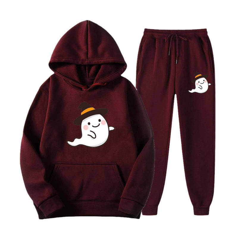 Unisex nan kuscheliger Kapuzenpullover und Jogginghose Set mit Halloween-Geistprint Echo Archiv