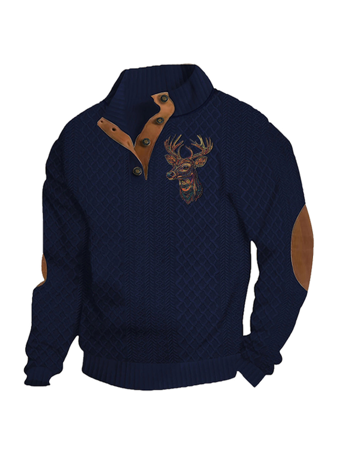 Herren nan Heritage-Strukturpullover mit Stehkragen Lederimitat-Besatz Ellenbogen-Patches und Halbknopfleiste Echo Archiv