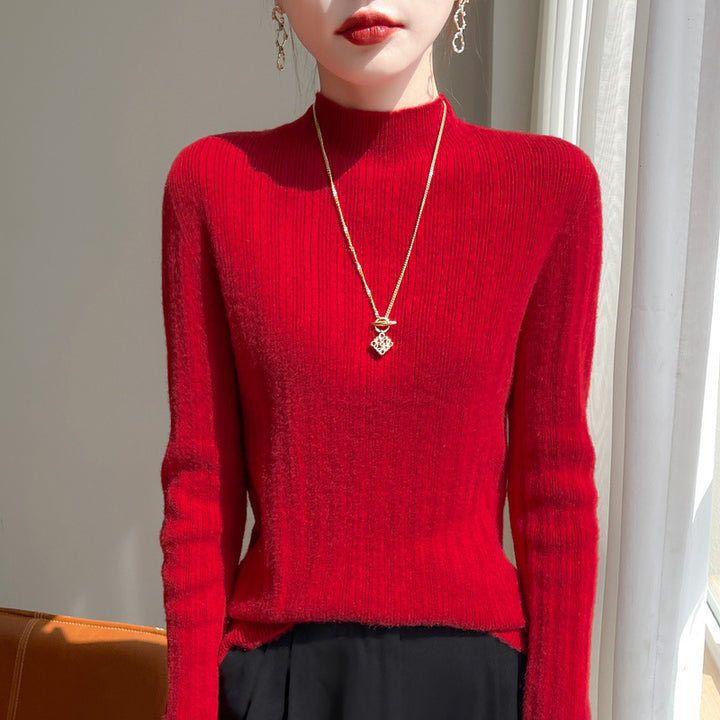 Damen Schmal geschnittener Feinstrick-Pullover mit kurzem Stehkragen und feiner Rippenstruktur Echoarchiv