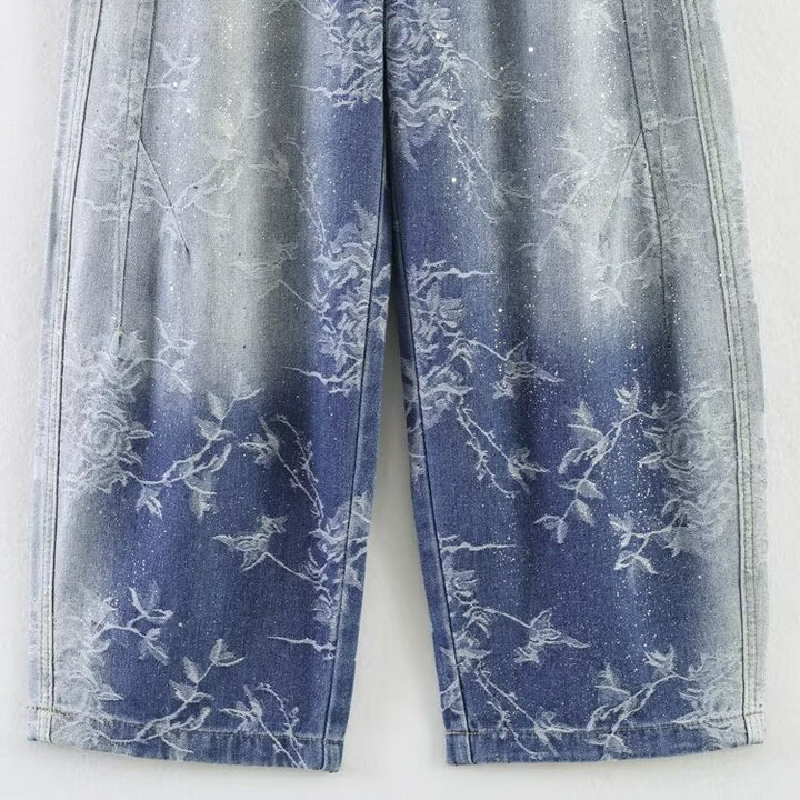 Damen Highwaist Culotte-Jeans mit weitem Bein und floraler Bleach-Optik Echoarchiv