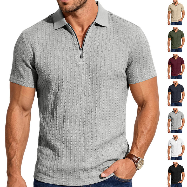 Herren Kurzarm-Strickpoloshirt mit Reißverschluss und Zopfstrickstruktur – Cavello