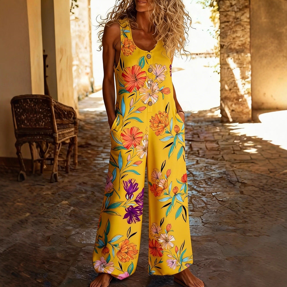 Damen Blumengemustertes Jumpsuit mit Knopfleiste und Taschen Echo Archiv