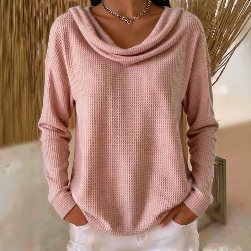 Damen Lässiger Waffelstrick-Pullover mit weitem Wasserfallkragen und gerundetem Saum Echoarchiv