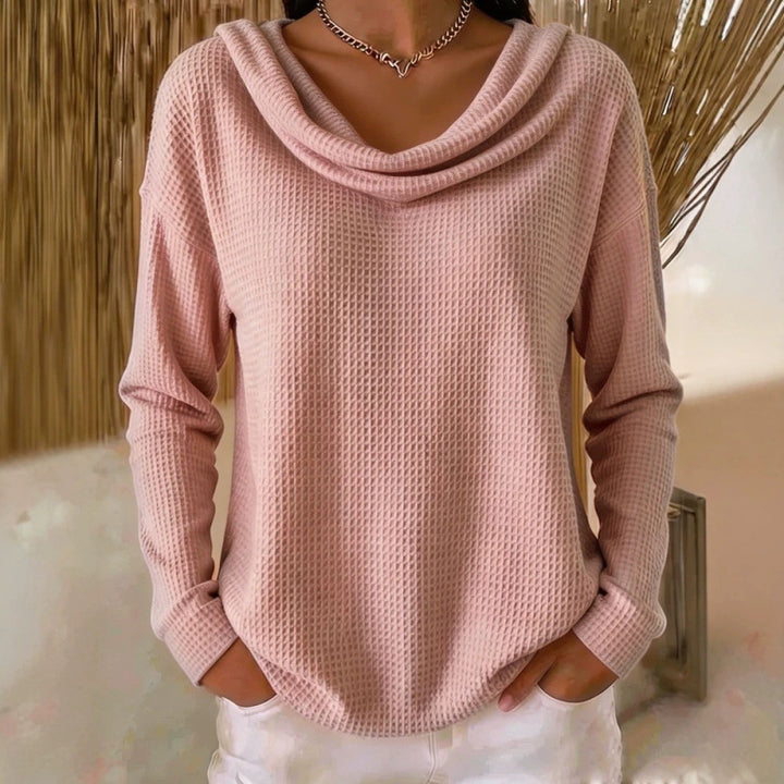 Damen Lässiger Waffelstrick-Pullover mit weitem Wasserfallkragen und gerundetem Saum Echoarchiv