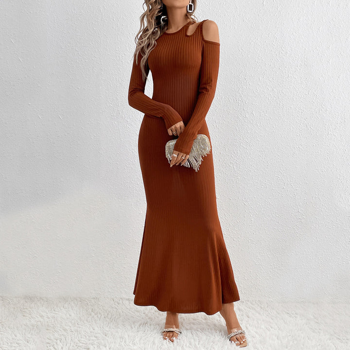 Damen geripptes Meerjungfrauen-Maxikleid mit Cold-Shoulder Cutouts, sculptender Passform und ausgestelltem Saum – Valéora
