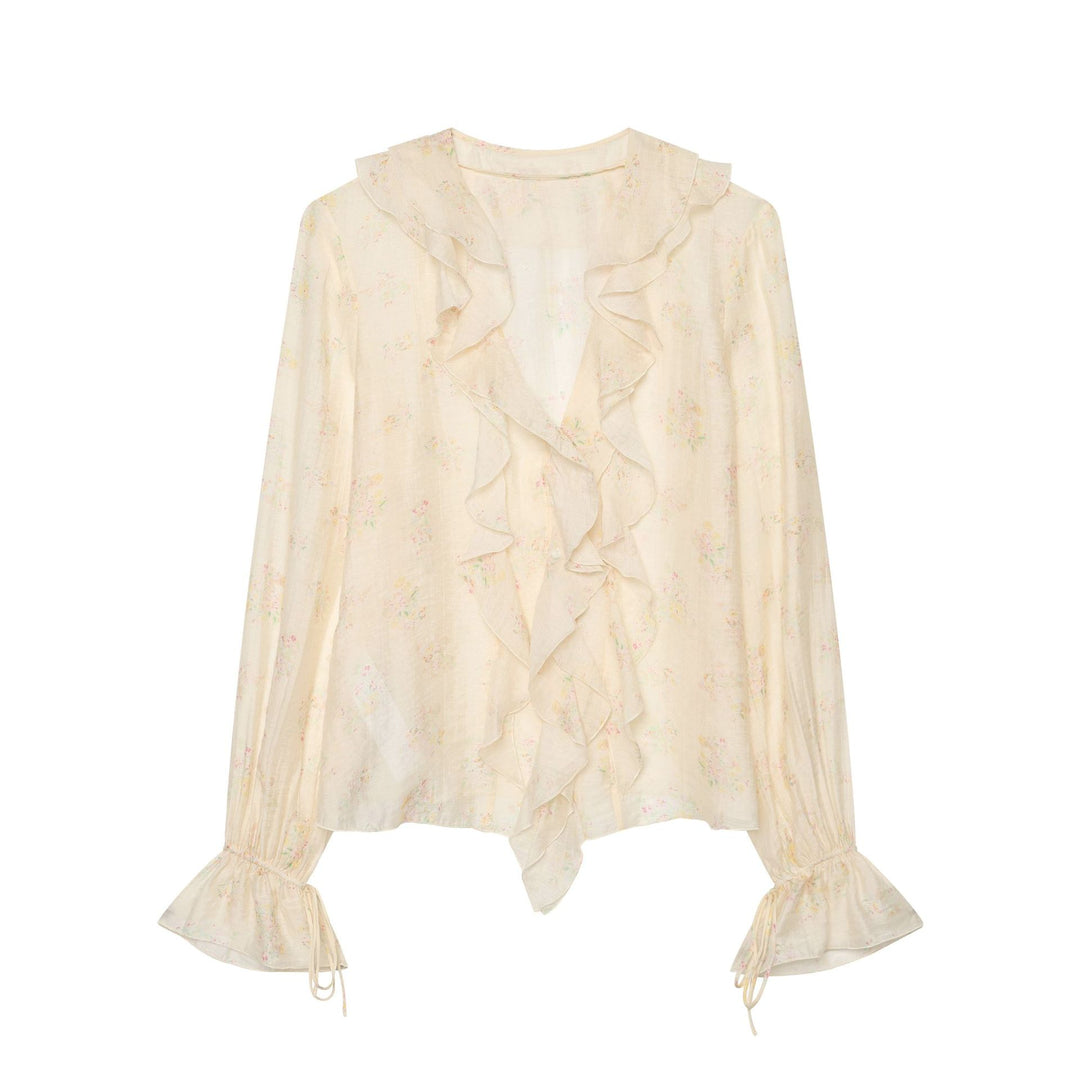 Damen Leichte Chiffonbluse mit Volantkragen V‑Ausschnitt und gerafften Manschetten Echo Archiv