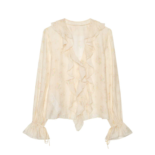 Damen Leichte Chiffonbluse mit Volantkragen V‑Ausschnitt und gerafften Manschetten Echo Archiv