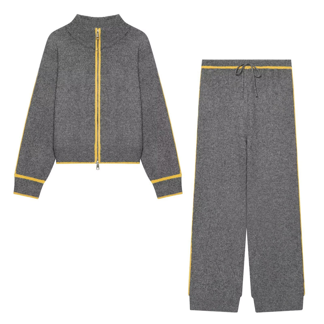 Damen Strick-Set mit Reißverschlussjacke, Stehkragen und weitem Relax-Hosenbein Echo Archiv