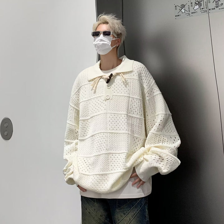 Herren Modischer Grobstrick Pullover mit Stehkragen und Knopfleiste Echoarchiv